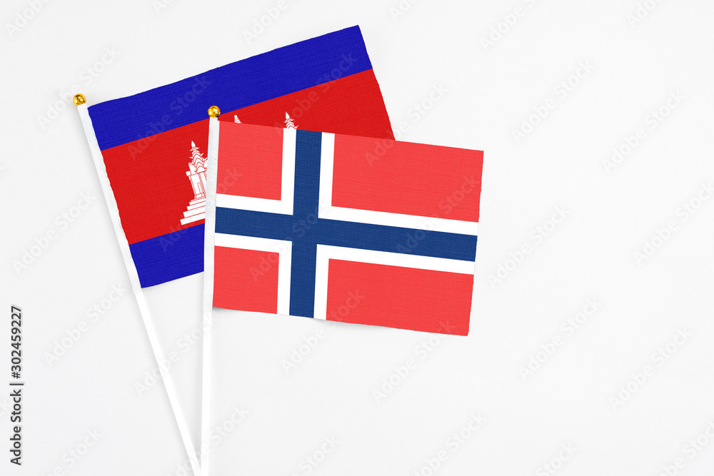 Norway and Cambodia stick flags on white background. High quality fabric, miniature national flag. Peaceful global concept.White floor for copy space.
