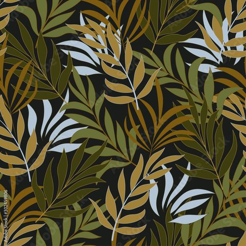 Trend tropical seamless background with bright orange and white plants and leaves on green background. Tropical botanical. Exotic wallpaper. Printing and textiles.