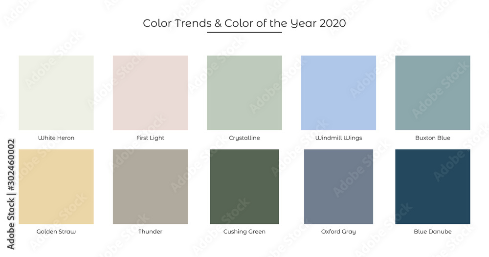 Color Trends and Color of the Year 2020 fresh palette. Colors in the set: First Light Color, White Heron, Crystalline, Windmill Wings, Buxton Blue, Golden Straw, Thunder,Cushing Green Oxford Gray and - obrazy, fototapety, plakaty 