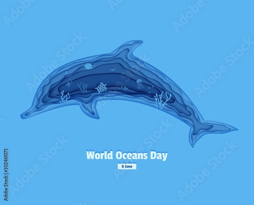 Silhouette of a dolphin cut out of paper. Papercut butterflyfish, jellyfish, moonfish, turtle. Craft underwater ocean cave with fishes, coral reef, seabed algae, waves. Vector World Ocean Day concept.