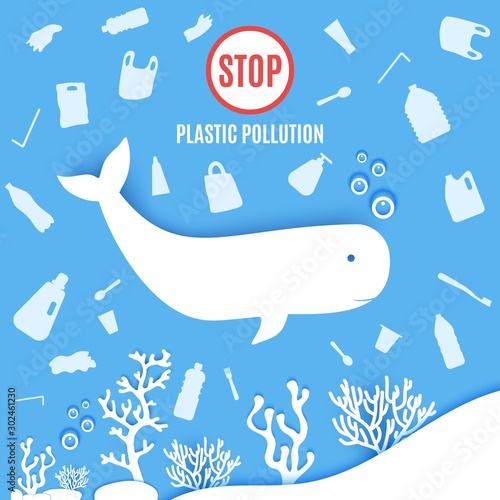 Dolphin under sea plastic trash floats around in paper cut style. Poster design template stop ocean plastic pollution. Vector ecological concept. Craft cardboard underwater ocean in blue white color