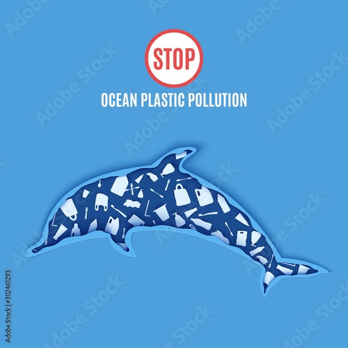 Dolphin inside plastic waste in paper cut style. Poster design template stop ocean plastic pollution. Vector ecological concept. Craft cardboard underwater ocean cave in blue color