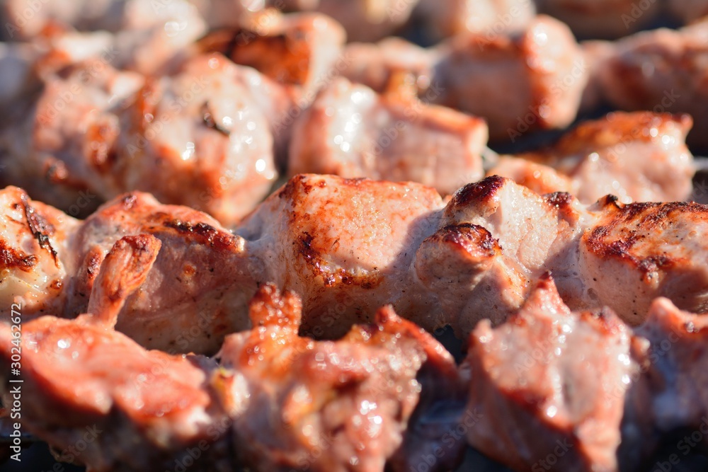 Grilled on fire pieces of meat kebab or barbecue close-up. It looks delicious