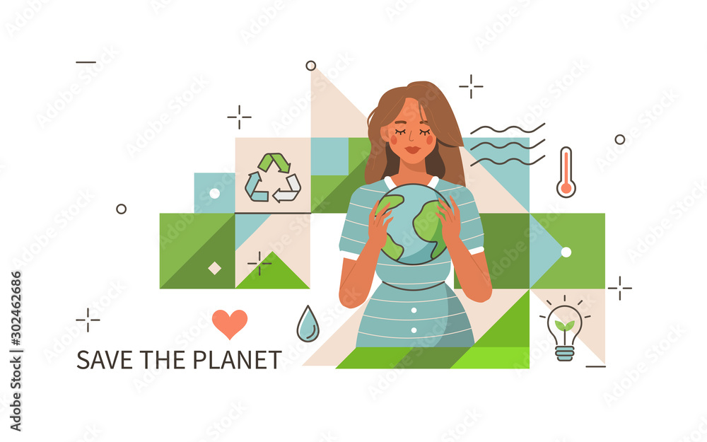 Woman holding Planet Earth and take care about Ecology Problems. Environmental Protection Social Poster. Save the Planet Concept. World Environment Day. Flat Cartoon Vector Illustration. Woman holding Planet Earth and take care about Ecology Problems. Environmental Protection Social Poster. Save the Planet Concept. World Environment Day. Flat Cartoon Vector Illustration.