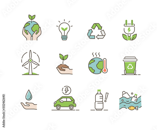 Ecology Icons Set. Global Warming, Climate Change, Plastic Pollution and other Ecology Problems. Save the Planet Symbols. Eco Environment Signs Collection. Flat Line Cartoon Vector Illustration.
