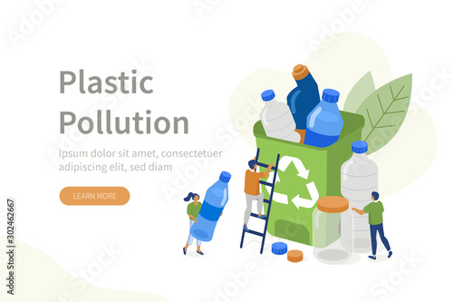People Characters collecting Plastic Trash into Recycling Garbage Bin. Woman and Man taking out the Garbage. Plastic Pollution Problem Concept. Flat Isometric Vector Illustration. photo