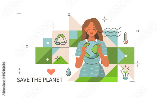 Woman holding Planet Earth and take care about Ecology Problems. Environmental Protection Social Poster. Save the Planet Concept. World Environment Day. Flat Cartoon Vector Illustration.