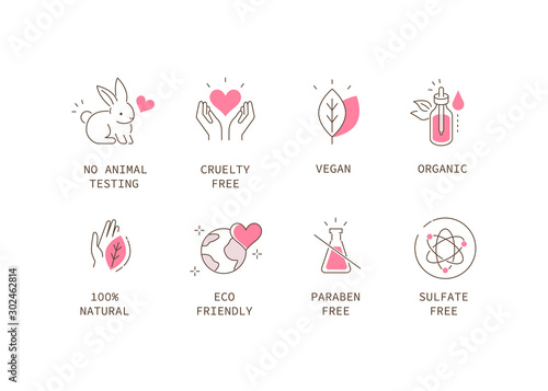 Vegan Organic Cosmetic Icons Collection. Not Tested on Animals, Cruelty Free Badges. Eco and Nature Friendly Logo Templates. Flat Line Cartoon Vector Illustration. photo