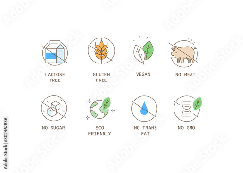 Food Badges Icons Collection. Gluten, Lactose and Sugar Free Labels. Vegan Food and Eco friendly Signs. Healthy Dietary Logos Templates. Flat Cartoon Vector Illustration.