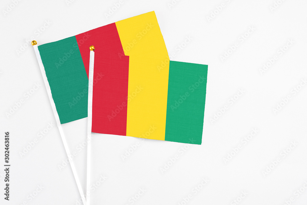 Guinea and Cameroon stick flags on white background. High quality fabric, miniature national flag. Peaceful global concept.White floor for copy space. Guinea and Cameroon stick flags on white background. High quality fabric, miniature national flag. Peaceful global concept.White floor for copy space.