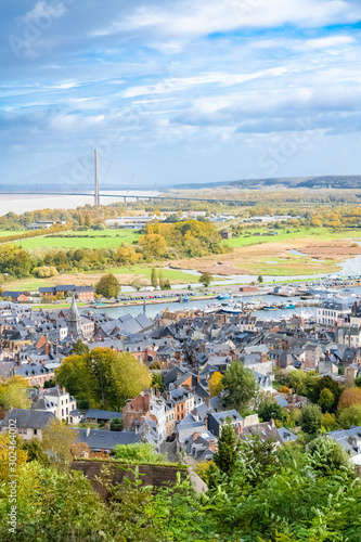 Honfleur in Normandy, aerial view of the city, with the Normandy bridge in background