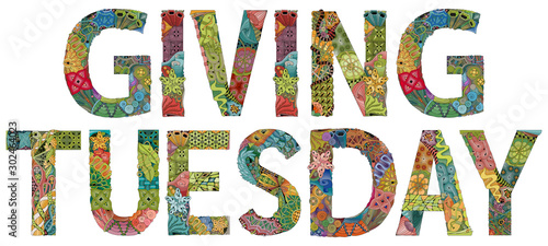 Words with Giving Tuesday. Vector decorative zentangle object