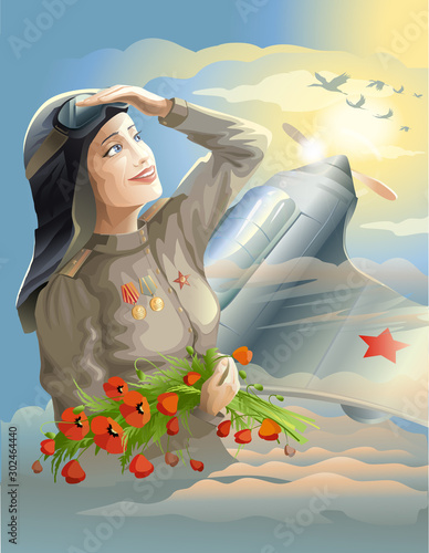 Russian woman military pilot hero on the background of sky, sun and flying birds. Looking with hope into the future.  Vector illustration.