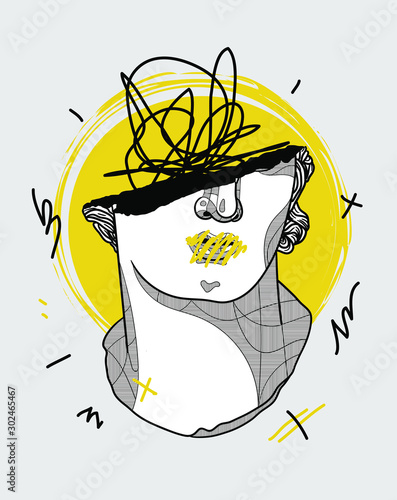 Colossal Head of a Youth sculpture. Vector illustration hand drawn. Creative geometric style.