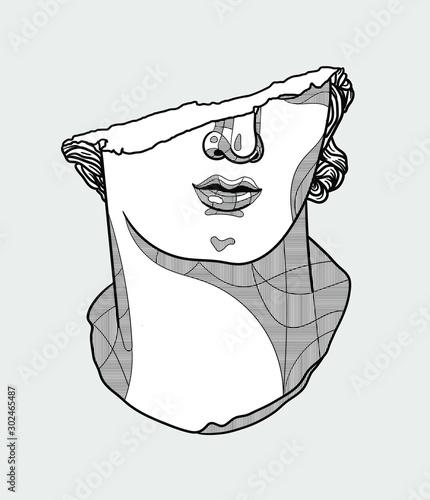 Colossal Head of a Youth sculpture. Vector illustration hand drawn. 