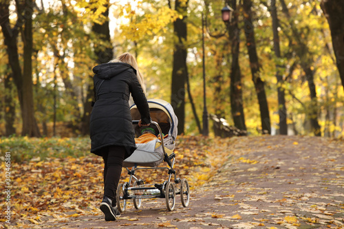 A young mother with a baby stroller walks in an autumn park among yellowed trees. Fresh air and sleep for the development of the child. Raising healthy offspring. Wilted nature. An abundance of warm