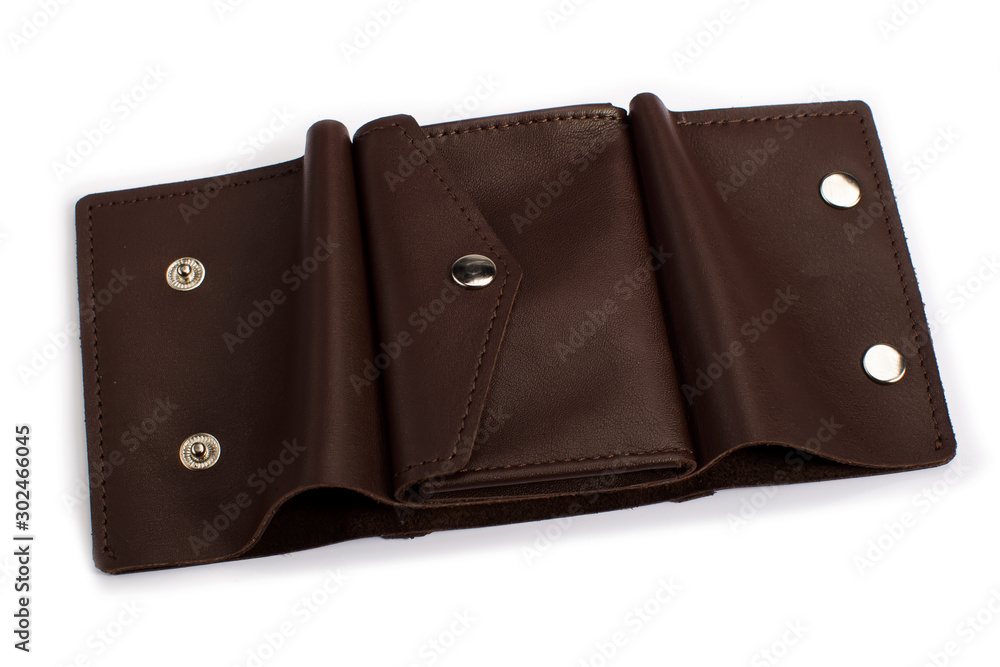 Open brown leather wallet on a white background Open brown leather wallet on a white background