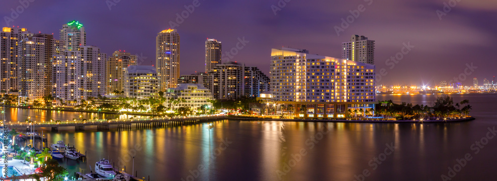 Miami cityscape at the night, pano view, Florida