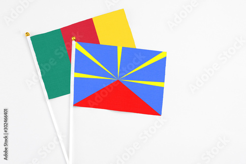 Reunion and Cameroon stick flags on white background. High quality fabric, miniature national flag. Peaceful global concept.White floor for copy space.