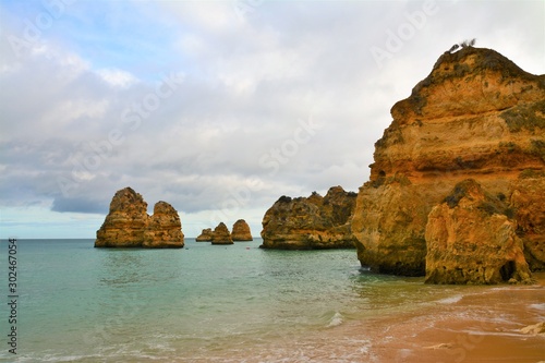 Rocky beach in Lagos - Portugal on a cloudy day 31.Oct.2019