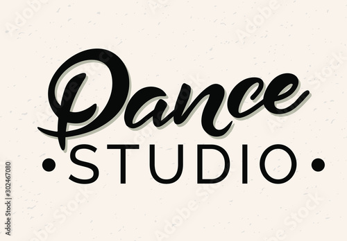 Lettering phrase dance studio. Template for invitation card, vector hand drawn design isolated on pink background. Logo ballet design