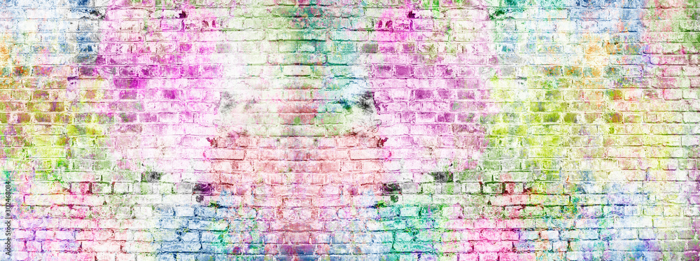 Banner brick wall painted with bright colors. Creative background wall