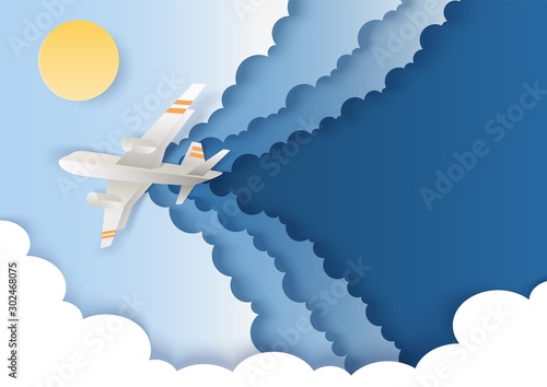 Airplane flying in the sky, vector illustration in paper art style