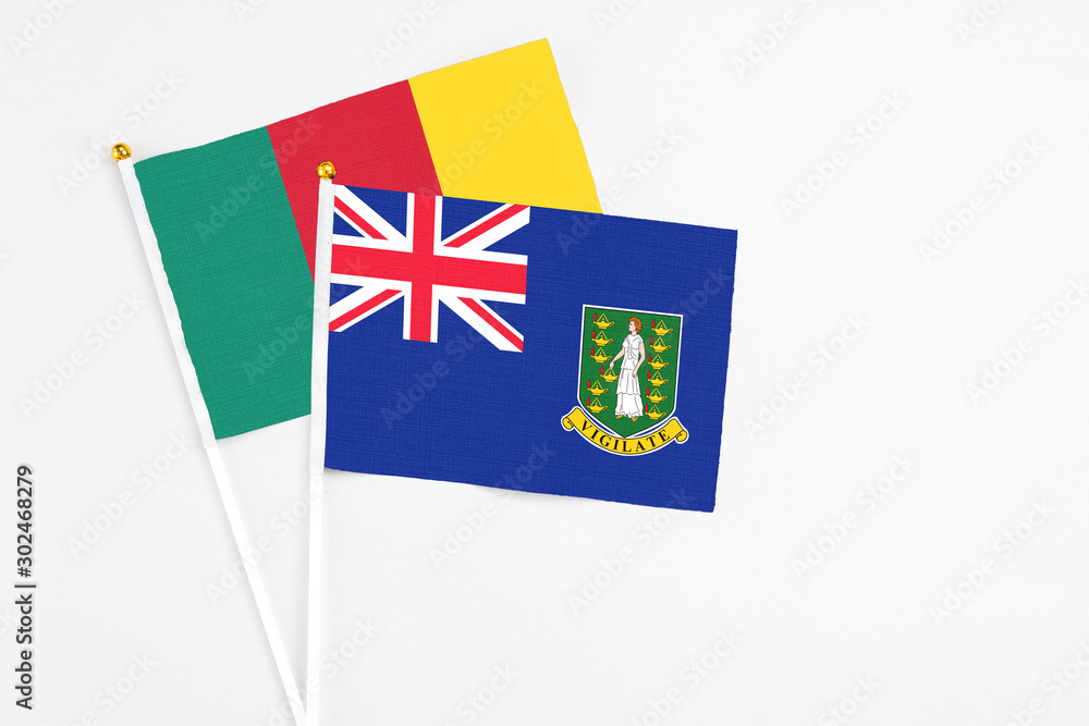 Fototapeta premium British Virgin Islands and Cameroon stick flags on white background. High quality fabric, miniature national flag. Peaceful global concept.White floor for copy space.
