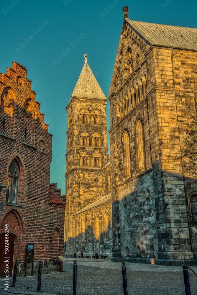 Lund cathedral in the early morning sunlight