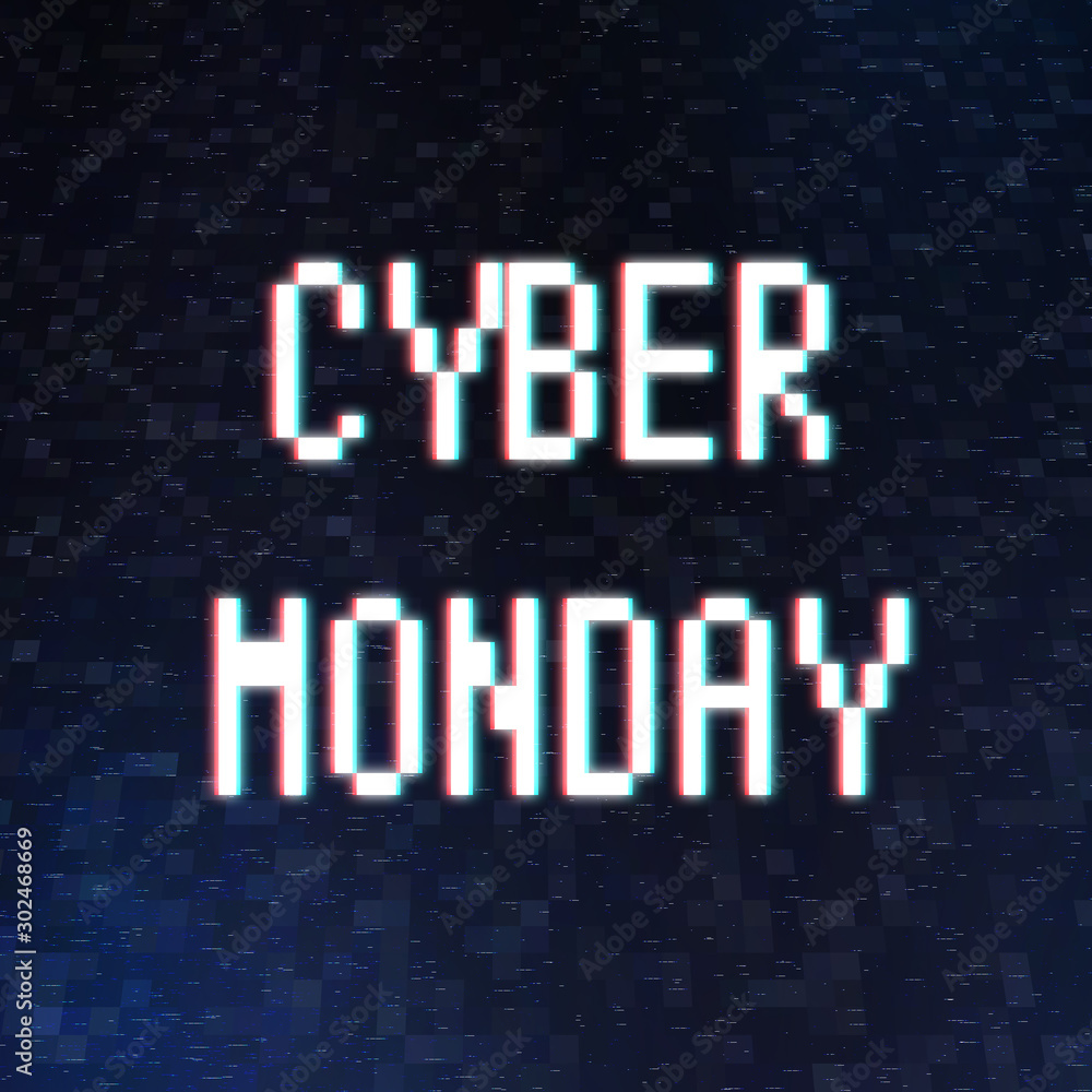Obraz premium Cyber monday inscription in pixel style over dark background