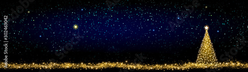 Golden Christmas tree isolated on stars sky background.