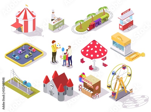 Amusement park vector flat isometric icon set