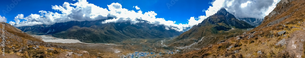 Stunning Panoramic view of Langtang Valley surrounded by hills and mountains and river flowing through the valley