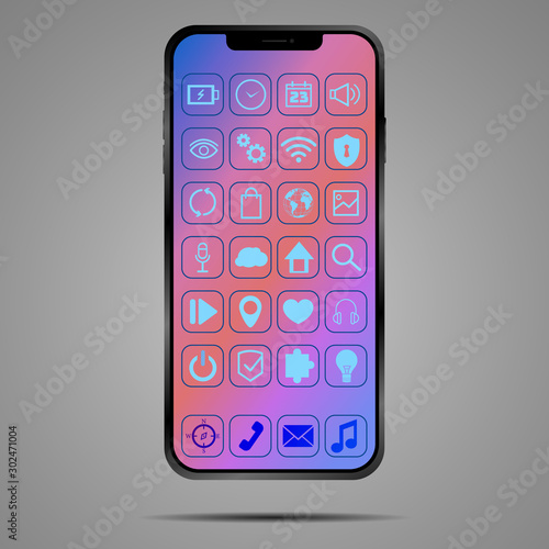 Mobile Smartphone vector illustration. Original design mockup screen, realistic detailed 3d model surface of isolated phone template. Object  for web, iot. Front and Back, homescreen and locksreen