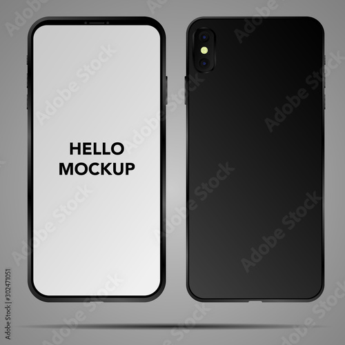 Mobile Smartphone vector illustration. Original design mockup screen, realistic detailed 3d model surface of isolated phone template. Object  for web, iot. Front and Back, homescreen and locksreen photo