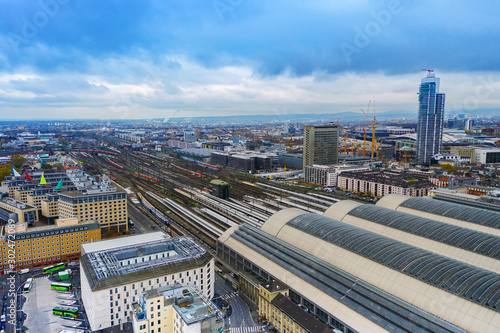 Aerial view with drone in Frankfurt am Main city center. Aerial view of the train stations. 13.11.2019 Frankfurt am Main, Germany.