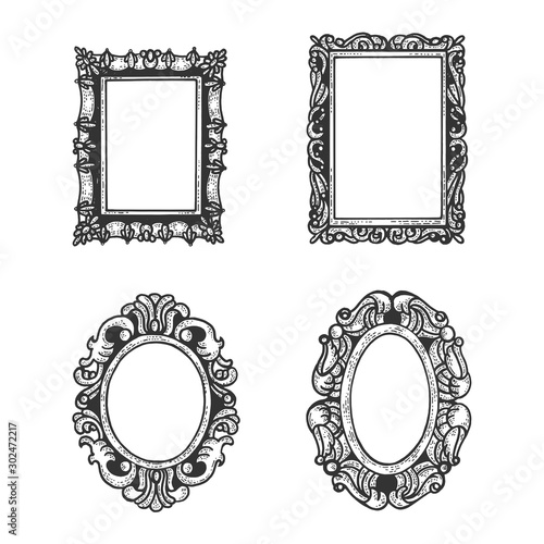 Vintage picture frames set sketch engraving vector illustration. T-shirt apparel print design. Scratch board imitation. Black and white hand drawn image.