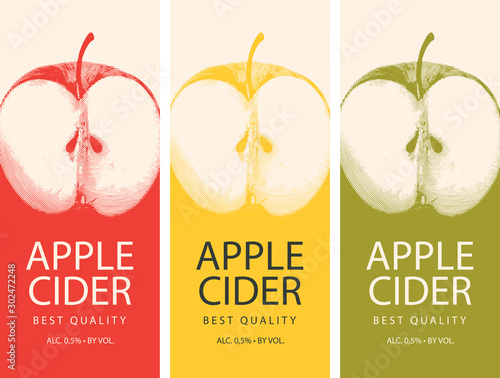 Foto Set of vector labels for Apple cider with a realistic image of half an apple and