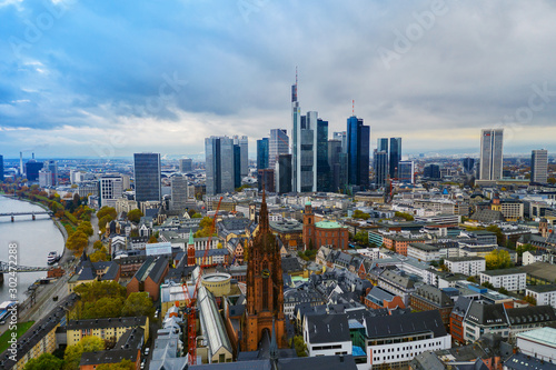 Aerial view with drone in Frankfurt am Main city center. Aerial view of the train stations. 13.11.2019 Frankfurt am Main, Germany.