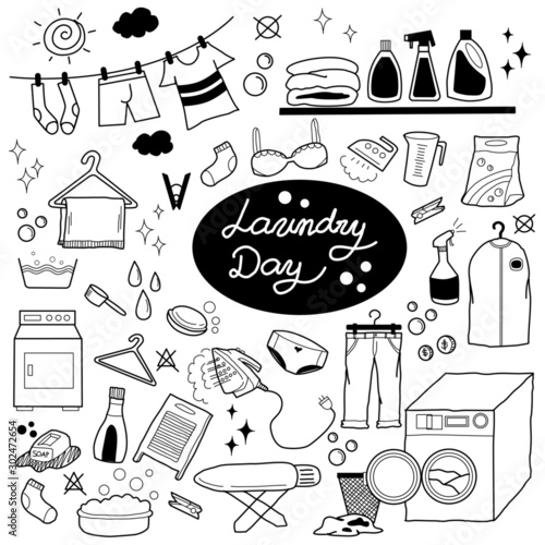 Laundry day doodles vector illustration. Hand drawing washing element.