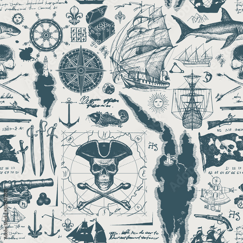 Vector abstract seamless pattern with skull, crossbones, pirate flag, swords, guns, caravels, old map and other nautical symbols. Vintage background with hand-drawn sketches, ink blots and stains