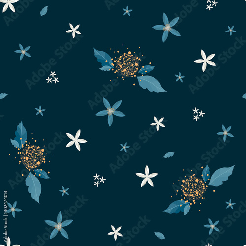Seamless plants and flowers pattern, blue and white floral decoration