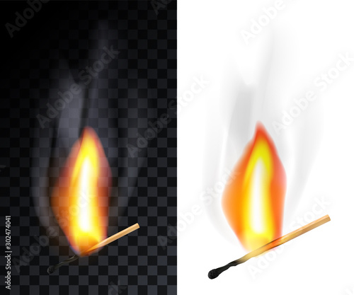 Match stick burning with smoke, isolated on transparency grid and white background. photo