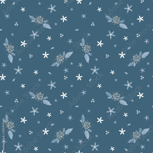 Seamless plants and flowers pattern, blue and white floral decoration