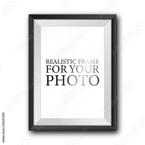 Black Realistic photo frame template isolated on white background. Graphic Resource vector illustration, blank picture for gallery, text, empty mockup, interior, simple image object