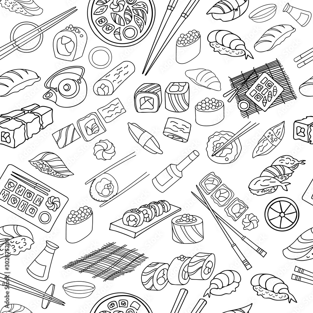 sushi rolls Asian food vector on white background  seamless texture
