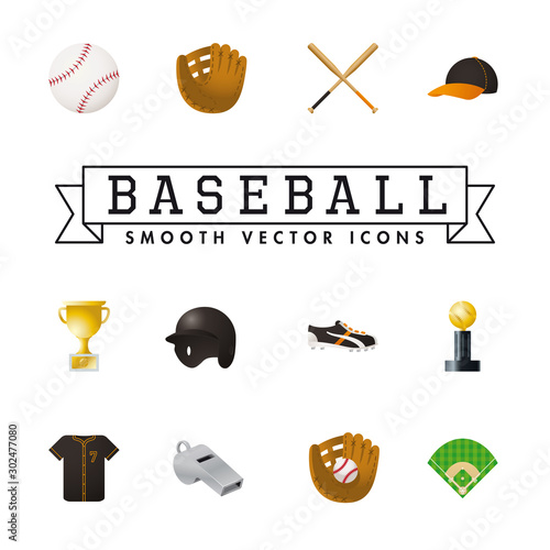 Baseball sports smooth vector icons set