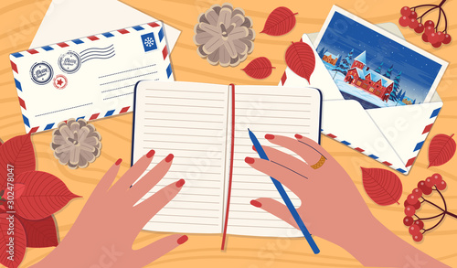 A Woman writing by hand in a notebook. A Concept of letter mailing, greeting card for friends, a to-do list, a wish list. Vector illustration in a flat cartoon style.