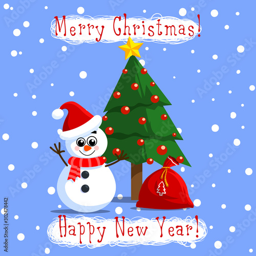 Snowman in hat Christmas tree sack blue sky