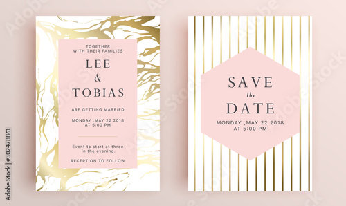 Beautiful set of wedding card templates. Gold collection of geometrical polyhedron, art deco style for wedding invitation, luxury templates, decorative patterns.